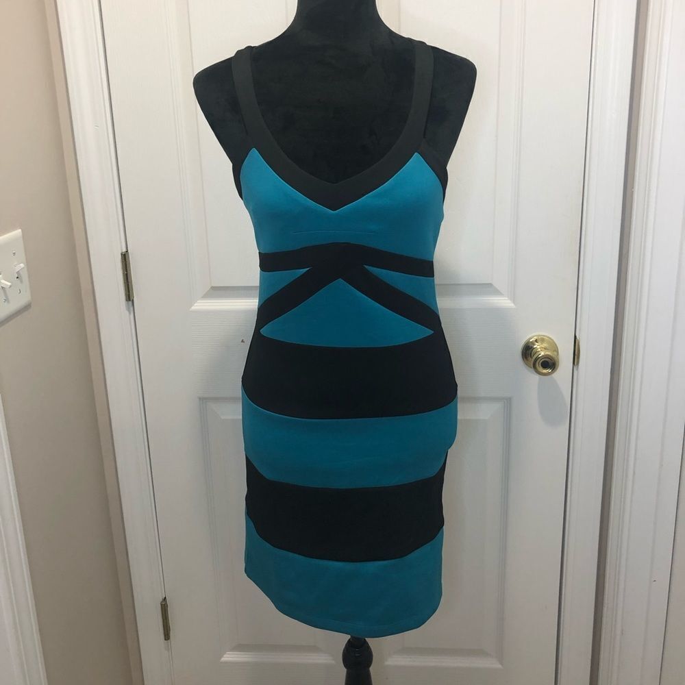 Wishes Wishes Wishes black and turquoise blue Bodycon mini dress, size medium